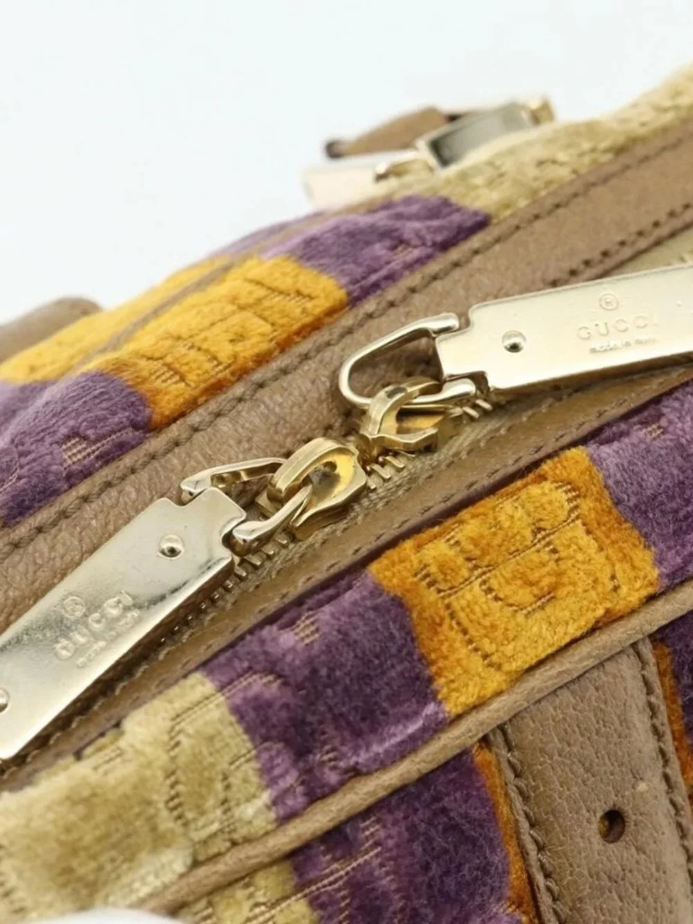 GUCCI Horsebit Boston Bag Velor Gold Beige 145770 Auth 176490V